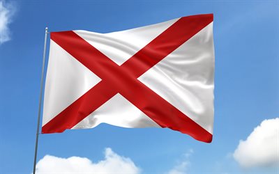Alabama flag on flagpole, 4K, american states, blue sky, flag of Alabama, wavy satin flags, Alabama flag, US States, flagpole with flags, United States, Day of Alabama, USA, Alabama