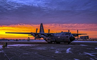 4k, Lockheed C-130 Hercules, American military transport aircraft, US Air Force, evening, sunset, C-130 at the airfield, military airport, C-130, American military aircraft