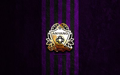 goldenes logo des fc anyang, 4k, violetter steinhintergrund, k liga 2, südkoreanischer fußballverein, fc anyang logo, fußball, fc anyang emblem, fc anyang, anyang fc