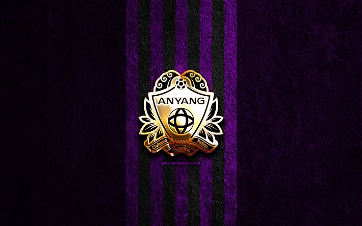 fc anyang gyllene logotyp, 4k, violett sten bakgrund, k league 2, sydkoreansk fotbollsklubb, fc anyang logotyp, fotboll, fc anyang emblem, fc anyang, anyang fc