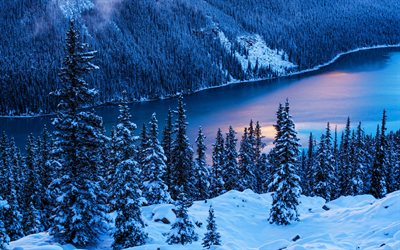 4k, peyto sjön, vinter, skymning, skog, banff nationalpark, kanadensiska landmärken, berg, hdr, bilder med sjöar, vacker natur, banff, kanada, alberta, blå sjöar
