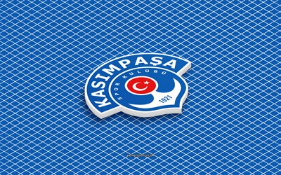 4k, kasimpasa isometrisk logotyp, 3d konst, turkisk fotbollsklubb, isometrisk konst, kasimpasa, blå bakgrund, super lig, kalkon, fotboll, isometriskt emblem, kasimpasa logotyp