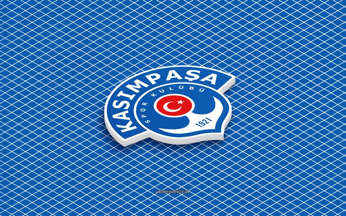 4k, logo isométrique kasimpasa, art 3d, club de football turc, art isométrique, kasimpaşa, fond bleu, super ligue, turquie, football, emblème isométrique, logo kasimpaşa