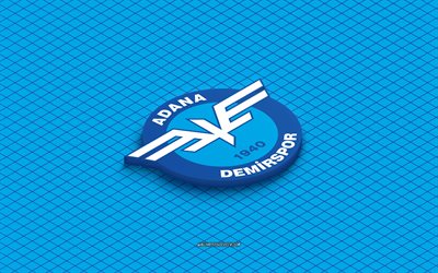 4k, Adana Demirspor isometric logo, 3d art, Turkish football club, isometric art, Adana Demirspor, blue background, Super Lig, Turkey, football, isometric emblem, Adana Demirspor logo