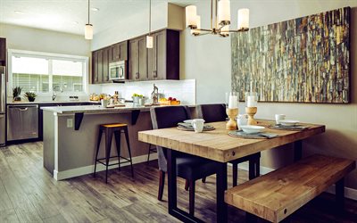 स्टाइलिश रसोई इंटीरियर डिजाइन, लकड़ी की तख्ती की मेज, रसोई में ग्रे दीवारें, रसोई आंतरिक विचार, आधुनिक इंटीरियर डिजाइन, रसोईघर