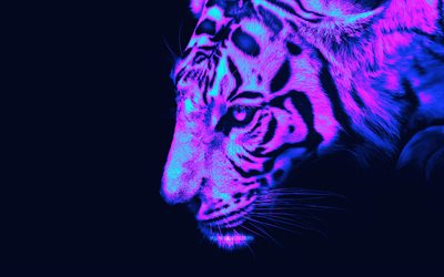 抽象的な虎, 4k, クリエイティブ, ホワイトタイガー, サイバーパンク, 抽象的な動物, アートワーク, 野生動物, 捕食者, 虎, panthera tigris チグリス, トラ, タイガーサイバーパンク, 虎との写真