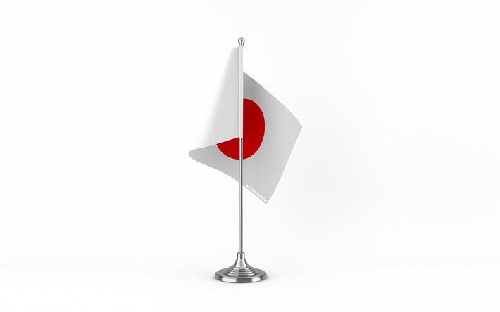 4k, 日本のテーブル フラグ, 白色の背景, 日本の旗, 日本の卓上旗, 金属棒の日本国旗, 日本の国旗, 国のシンボル, 日本