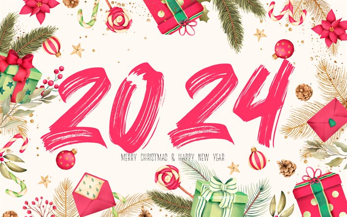 4k, 2024 Happy New Year, pink digits, 2024 white background, 2024 concepts, 2024 pink digits, xmas decorations, Happy New Year 2024, creative, 2024 year, Merry Christmas