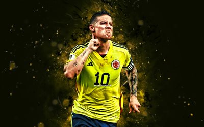 james rodriguez, 4k, keltaiset neonvalot, kolumbian kansallinen jalkapallojoukkue, conmebol, kolumbialaiset jalkapalloilijat, jalkapallo, maajoukkueet, james rodriguez 4k