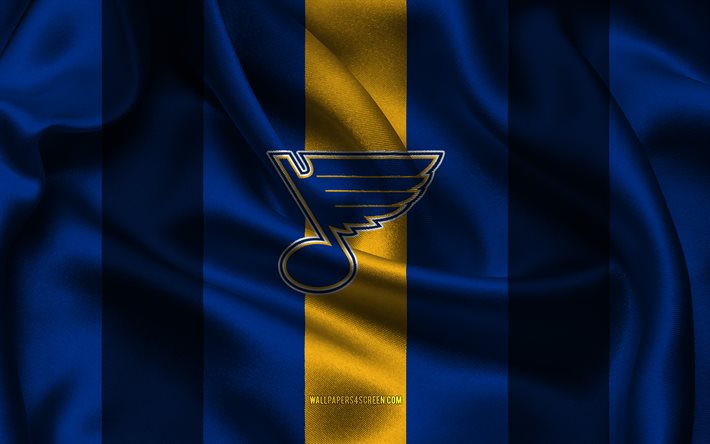 4k, st louis blues  logo, sininen keltainen silkkikangas, amerikkalainen jääkiekkojoukkue, st louis blues  tunnus, nhl, st louis blues, yhdysvallat, jääkiekko, st louis blues  lippu