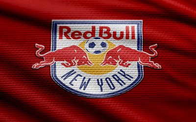 new york red bulls tyglogo, 4k, rött tygbakgrund, ml, bokhög, fotboll, new york red bulls  logotyp, new york red bulls emblem, new york red bulls, amerikansk fotbollsklubb, new york red bulls fc