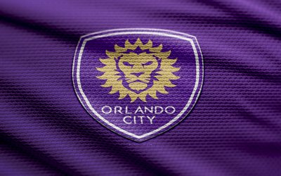 Orlando City SC fabric logo, 4k, violet fabric background, MLS, bokeh, soccer, Orlando City SC logo, football, Orlando City SC emblem, Orlando City SC, american soccer club, Orlando City FC
