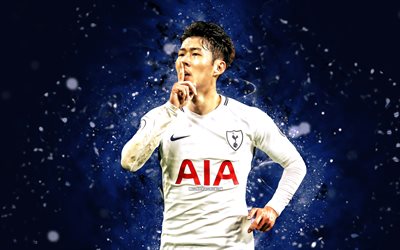 Son Heung-min, 4k, blue neon lights, Tottenham Hotspur FC, Premier League, south korean footballers, Son Heung-min 4K, football, soccer, Son Heung-min Tottenham Hotspur