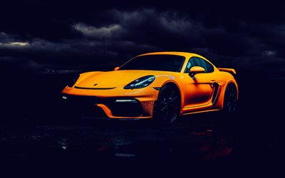 Porsche Cayman GT4, 4k, darkness, 2023 cars, supercars, Yellow Porsche Cayman, HDR, german cars, Porsche