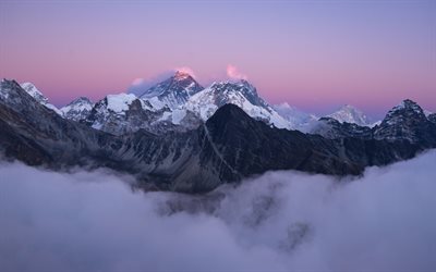 Chomolungma, Everest, highest peak on Earth, the highest mountain, Chha-Mo-Lung Ma, Mount Everest, Himalayas, evening, sunset, mountain landscape
