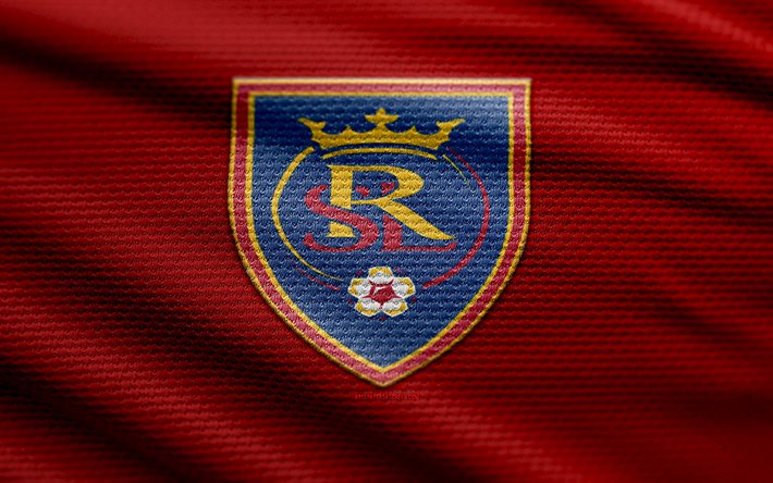 Real Salt Lake fabric logo, 4k, red fabric background, MLS, bokeh, soccer, Real Salt Lake logo, football, Real Salt Lake emblem, Real Salt Lake, american soccer club, Real Salt Lake FC