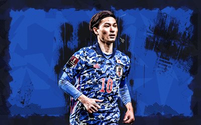 4k, Takumi Minamino, blue grunge background, Japan National Football Team, soccer, footballers, grunge art, Japanese football team, Takumi Minamino 4K