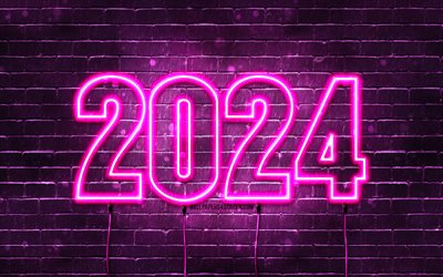4k, gott nytt år 2024, lila tegelvägg, 2024 koncept, 2024 lila neonsiffror, 2024 gott nytt år, neonkonst, kreativ, 2024 lila bakgrund, 2024 år, 2024 lila siffror