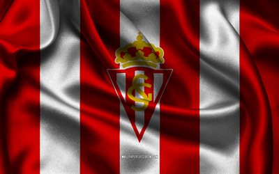 4k, Sporting Gijon logo, red white silk fabric, Spanish football team, Sporting Gijon emblem, Segunda Division, Sporting Gijon, USA, football, Sporting Gijon flag, Gijon FC