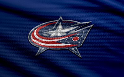 Columbus Blue Jackets fabric logo, 4k, blue fabric background, NHL, bokeh, hockey, Columbus Blue Jackets logo, Columbus Blue Jackets emblem, american hockey club, Columbus Blue Jackets