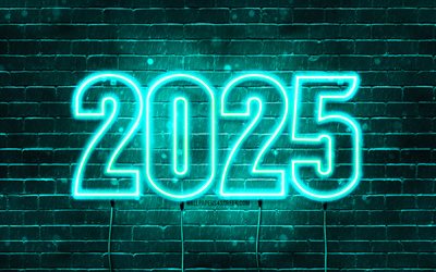 Happy New Year 2025, 4k, turquoise brickwall, 2025 inscription, 2025 concepts, 2025 turquoise neon digits, 2025 Happy New Year, neon art, creative, 2025 turquoise background, 2025 year, 2025 turquoise digits, 2025 backgrounds