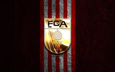fc augsburg logo dorado, 4k, fondo de piedra roja, bundesliga, club de fútbol alemán, fc augsburg logo, fútbol, ​​fc augsburg emblema, fc augsburg, ​​augsburg fc