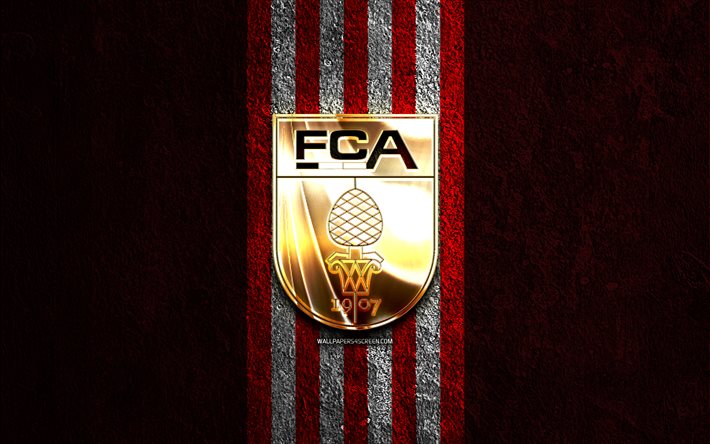fc augsburg gyllene logotyp, 4k, röd sten bakgrund, bundesliga, tysk fotbollsklubb, fc augsburg logotyp, fotboll, fc augsburg emblem, fc augsburg, augsburg fc