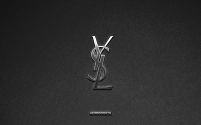 Yves Saint Laurent logo, gray stone background, Yves Saint Laurent emblem, manufacturers logos, Yves Saint Laurent, manufacturers brands, Yves Saint Laurent metal logo, stone texture