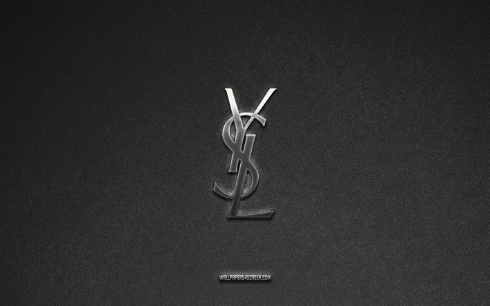 Yves Saint Laurent logo, gray stone background, Yves Saint Laurent emblem, manufacturers logos, Yves Saint Laurent, manufacturers brands, Yves Saint Laurent metal logo, stone texture