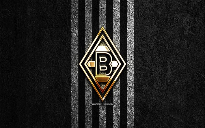 borussia mönchengladbach goldenes logo, 4k, schwarzer steinhintergrund, bundesliga, deutscher fußballverein, borussia mönchengladbach-logo, fußball, borussia mönchengladbach-emblem, borussia mönchengladbach, borussia mönchengladbach fc