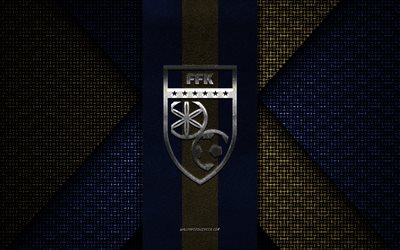 kosovos fotbollslandslag, uefa, stickad textur i blått guld, europa, kosovos fotbollslandslags logotyp, fotboll, kosovos fotbollslandslags emblem, kosovo