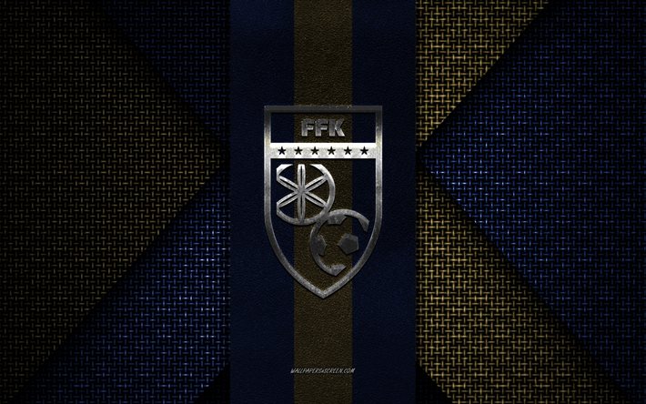 Kosovo national football team, UEFA, blue gold knitted texture, Europe, Kosovo national football team logo, soccer, Kosovo national football team emblem, football, Kosovo