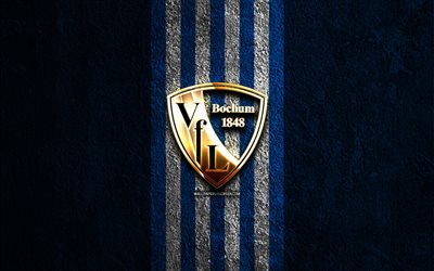 vfl bochum logo doré, 4k, fond de pierre bleue, bundesliga, club de football allemand, vfl bochum logo, football, vfl bochum emblème, vfl bochum, bochum fc
