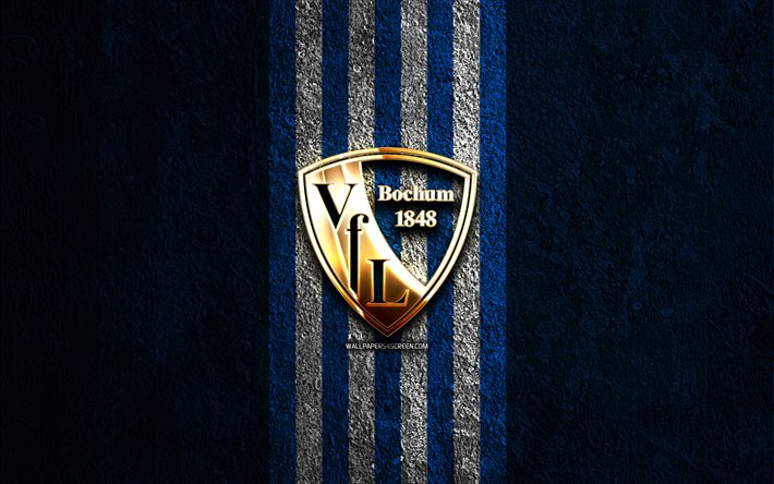 vfl ボーフムの金色のロゴ, 4k, 青い石の背景, ブンデスリーガ, ドイツのサッカークラブ, vflボーフムのロゴ, サッカー, vflボーフムのエンブレム, vfl ボーフム, フットボール, ボーフムfc