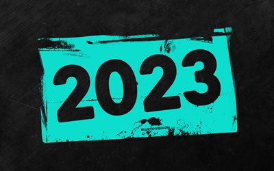 4k, 2023 Happy New Year, turquoise grunge digits, gray stone background, 2023 concepts, 2023 abstract digits, Happy New Year 2023, grunge art, 2023 turquoise background, 2023 year