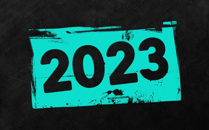 4k, 2023년 새해 복 많이 받으세요, 청록색 그런지 숫자, 회색 돌 배경, 2023년 컨셉, 2023 추상 숫자, 그런지 아트, 2023 청록색 배경, 2023년