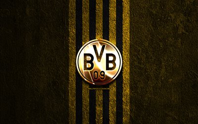 el borussia dortmund logotipo dorado, 4k, fondo de piedra amarilla, la bundesliga, el club de fútbol alemán, el logotipo del borussia dortmund, el fútbol, ​​el emblema del borussia dortmund, el borussia dortmund, el bvb, el borussia dortmund fc