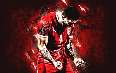 aleksandar mitrovic, serbian jalkapallomaajoukkue, muotokuva, serbialainen jalkapalloilija, punainen kivi tausta, serbia, jalkapallo