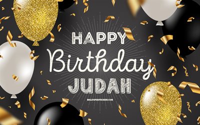 4k, grattis på födelsedagen juda, svart gyllene födelsedagsbakgrund, judas födelsedag, juda, gyllene svarta ballonger, juda grattis på födelsedagen