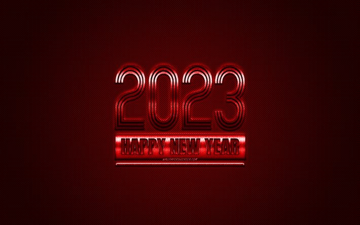 2023 Happy New Year, red carbon texture, 2023 red background, 2023 concepts, 2023 red carbon background, Happy New Year 2023, carbon texture