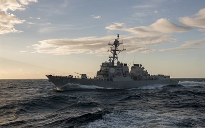 USS Bulkeley, DDG-84, American destroyer, US Navy, sea, sunset, Arleigh Burke-class, United States Navy