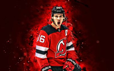 Jack Hughes, 4k, red neon lights, New Jersey Devils, NHL, hockey, Jack Hughes 4K, red abstract background, Jack Hughes New Jersey Devils