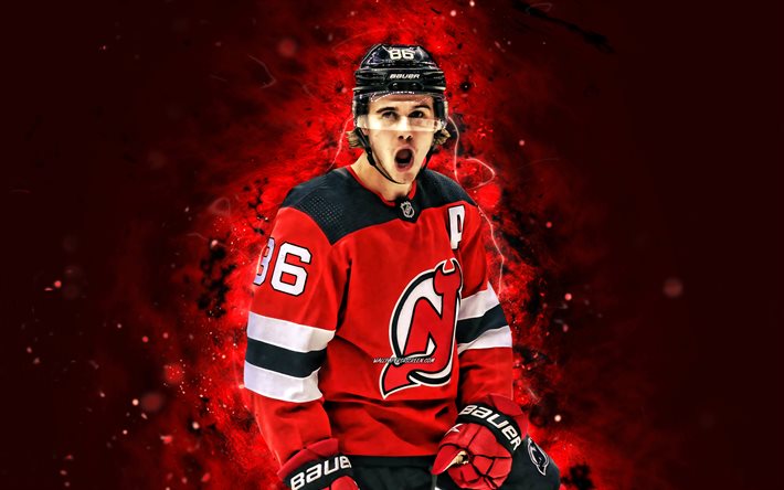 jack hughes, 4k, röda neonljus, new jersey devils, nhl, hockey, jack hughes 4k, röd abstrakt bakgrund, jack hughes new jersey devils