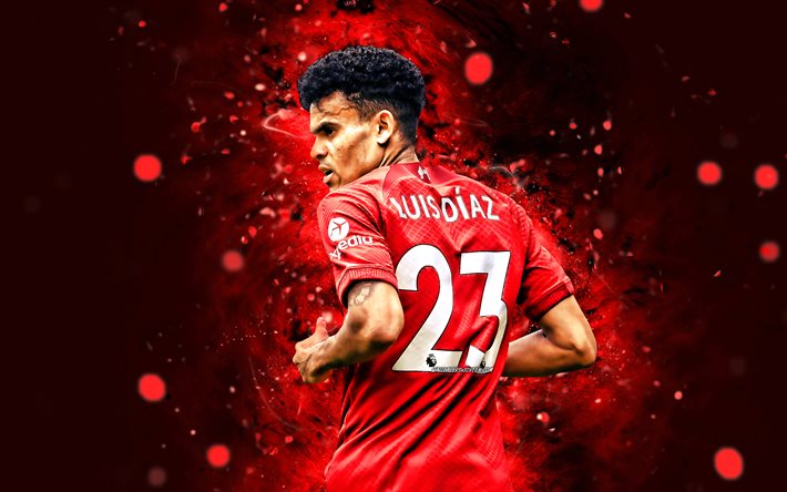 4k, Luis Diaz, back view, Liverpool FC, red neon lights, Colombian footballers, red abstract background, Luis Diaz 4K, Premier League, soccer, LFC, football, Luis Diaz Liverpool