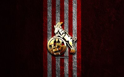 fc koln logo dorato, 4k, pietra rossa sullo sfondo, bundesliga, squadra di calcio tedesca, fc koln logo, calcio, fc koln emblema, fc koln, koln fc