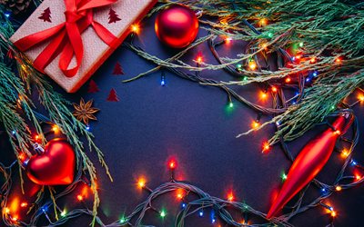 クリスマスフレーム, 4k, 懐中電灯, 青いクリスマスの背景, クリスマスの飾り, クリスマス, メリークリスマス, あけましておめでとう, ギフトボックス