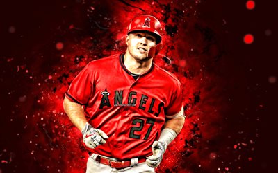 Mike Trout, 4k, red neon lights, Los Angeles Angels, MLB, center fielder, Mike Trout 4K, baseball, red abstract background, Mike Trout Los Angeles Angels, LA Angels