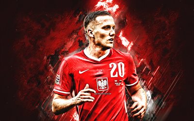 piotr zielinski, portrait, équipe nationale de football de pologne, joueur de football polonais, milieu de terrain, fond de pierre rouge, pologne, football