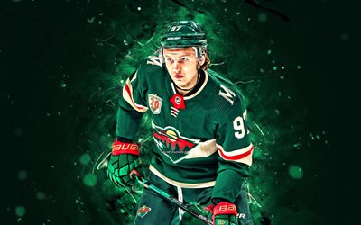 Kirill Kaprizov, 4k, green neon lights, Minnesota Wild, NHL, hockey, Kirill Kaprizov 4K, green abstract background, Kirill Kaprizov Minnesota Wild