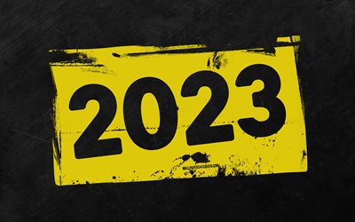 2023년 새해 복 많이 받으세요, 노란색 그런지 숫자, 2023년, 4k, 회색 돌 배경, 2023년 컨셉, 2023 추상 숫자, 그런지 아트, 2023 노란색 배경
